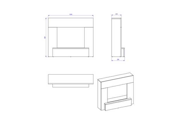 Technical drawing of a white electric fireplace showing front, side, and perspective views with detailed dimensions.