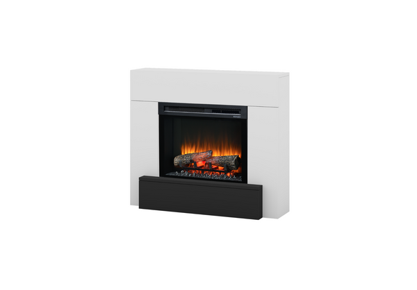 Modern white electric fireplace with realistic flame effect and black lower panel, shown against a white background.