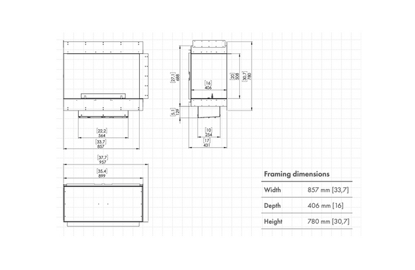 Technical drawing of a framed object with dimensions on a white background