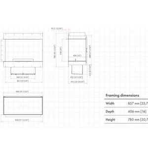 Technical drawing of a fireplace with dimensions on a white background