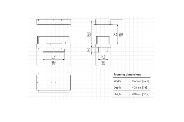 Technical drawing of a rectangular object with dimensions on a white background