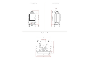 Technical drawings of a product from front, side, and top views with dimensions.
