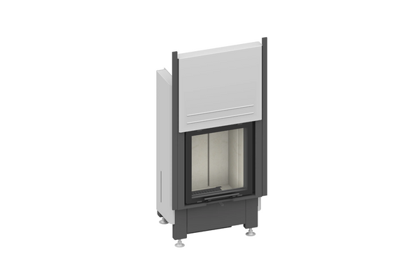 Modern freestanding fireplace with glass door on a white background