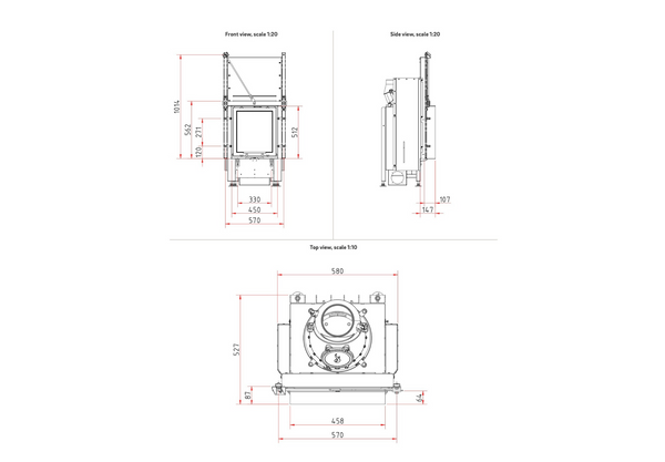 Technical drawings of a mechanical component with dimensions on a white background