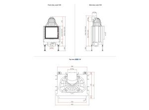 Technical drawings of a fireplace with dimensions on a white background