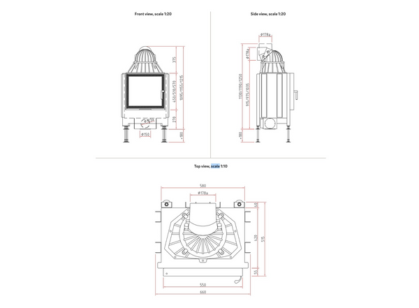 Technical drawings of a fireplace with dimensions on a white background