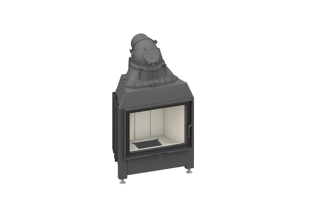 Black freestanding fireplace with decorative design on a white background
