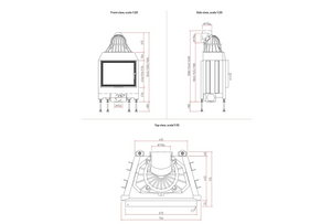 Technical drawings of a fireplace with dimensions labeled