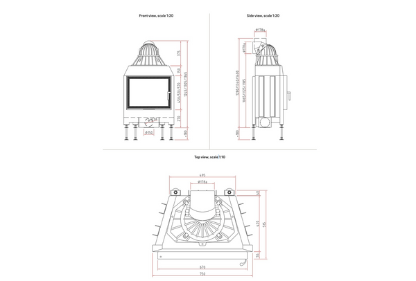 Technical drawings of a fireplace with dimensions labeled
