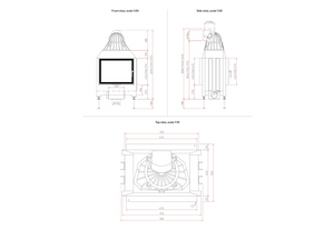 Technical drawings of a fireplace with dimensions on a white background