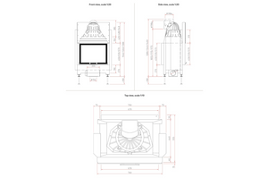 Technical drawings of a fireplace insert with dimensions on a white background