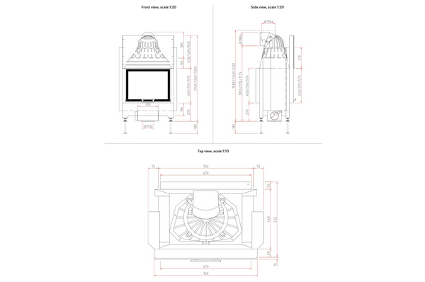Technical drawings of a fireplace insert with dimensions on a white background