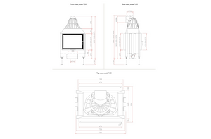 Technical drawings of a light fixture from front, side, and top views on a white background.