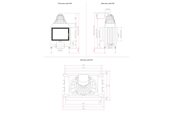 Technical drawings of a light fixture from front, side, and top views on a white background.