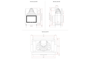 Technical drawings of a fireplace with dimensions and views on a white background