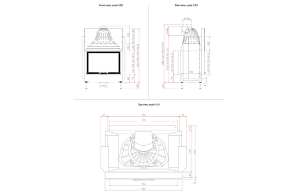 Technical drawings of a fireplace with dimensions and views on a white background
