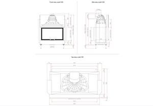 Technical drawings of a fireplace with dimensions on a white background
