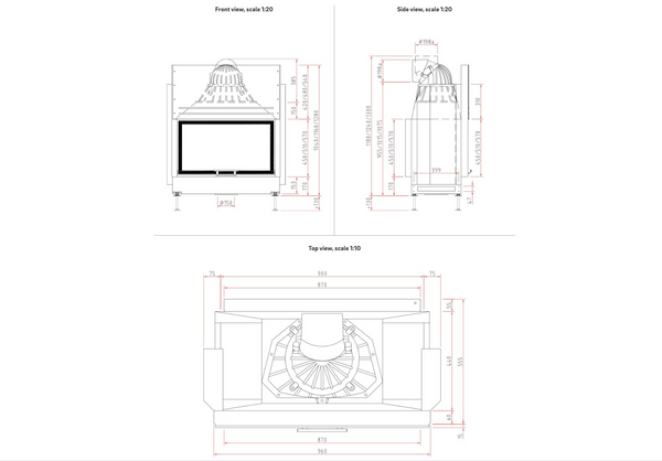 Technical drawings of a fireplace with dimensions on a white background