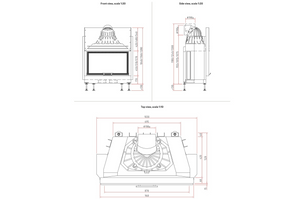 Technical drawing of a fireplace with multiple views and dimensions.