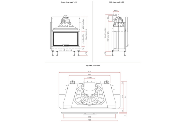 Technical drawing of a fireplace with multiple views and dimensions.