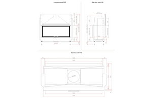 Technical drawings of a product from multiple angles with dimensions.