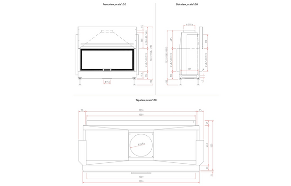 Technical drawings of a product from multiple angles with dimensions.