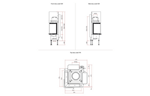 Technical drawing of a fireplace with dimensions on a white background