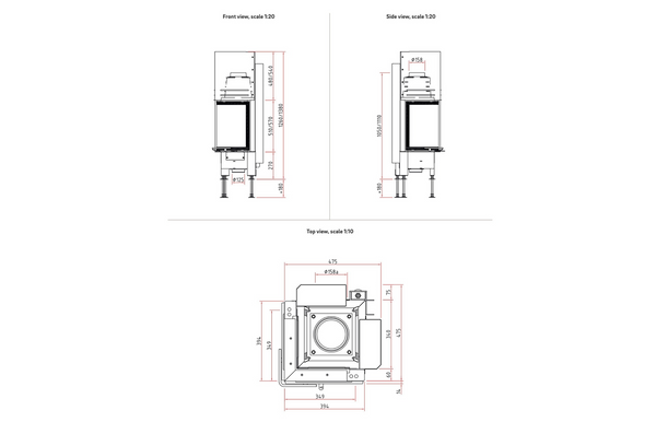 Technical drawing of a fireplace with dimensions on a white background