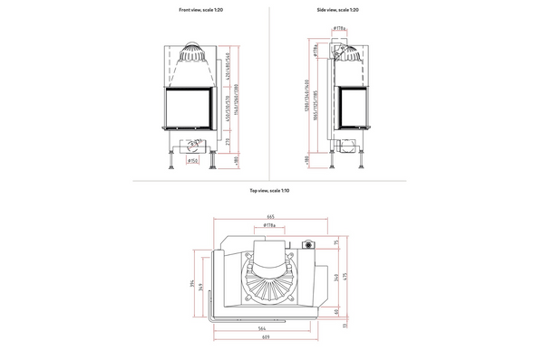Schmid Ekko 5551 fireplace dimensional drawing on a white background