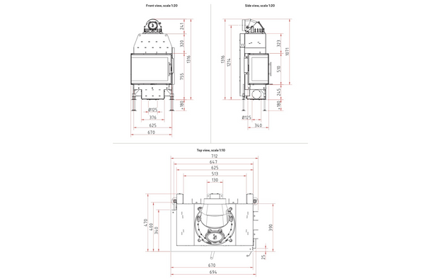 Technical drawings of a fireplace with dimensions on a white background