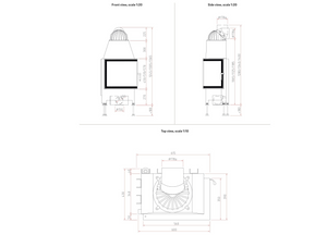 Technical drawing of Schmid Ekko r 55 s fireplace with dimensions on a white background