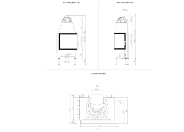 Technical drawing of Schmid Ekko r 55 s fireplace with dimensions on a white background