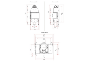 Technical drawings of a fireplace with dimensions on a white background
