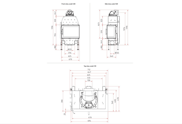 Technical drawings of a fireplace with dimensions on a white background