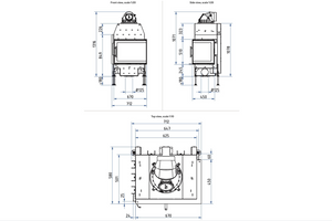 Technical drawings of a fireplace from Schmid with dimensions on a white background