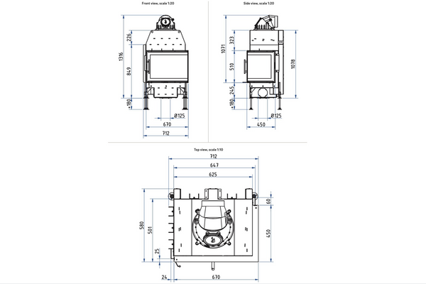 Technical drawings of a fireplace from Schmid with dimensions on a white background