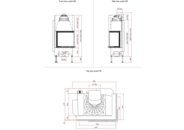 Technical drawings of a product from front, side, and top views with dimensions.
