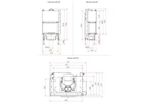 Technical drawings of a fireplace unit with dimensions