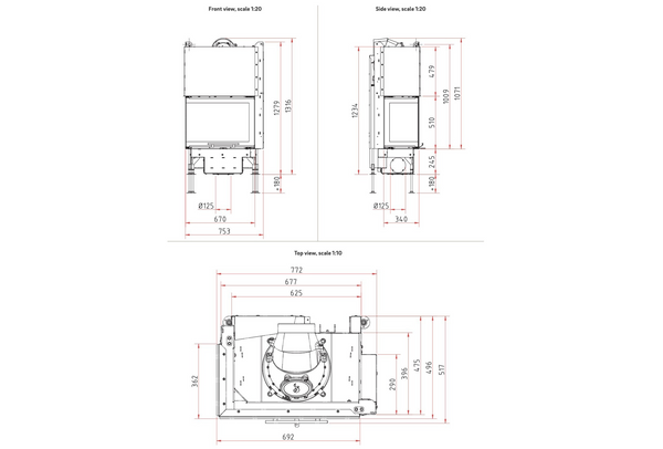 Technical drawings of a fireplace unit with dimensions