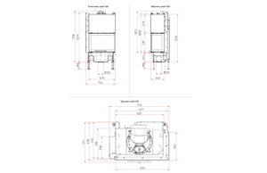 The drawing of Schmid Ekko fireplace dimensions on white background