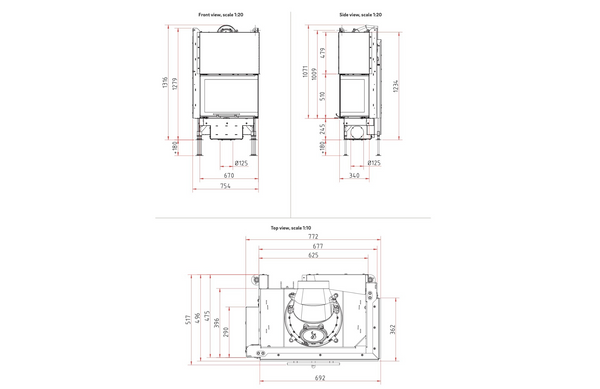 The drawing of Schmid Ekko fireplace dimensions on white background