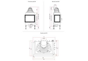 Technical drawings of a fireplace with dimensions labeled