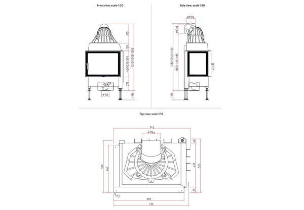 Technical drawings of a fireplace with dimensions labeled