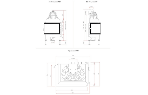 Technical drawings of a fireplace from front, side, and top views with dimensions.