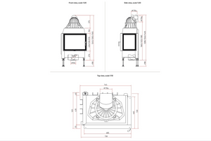 Technical drawings of a fireplace with dimensions on a white background
