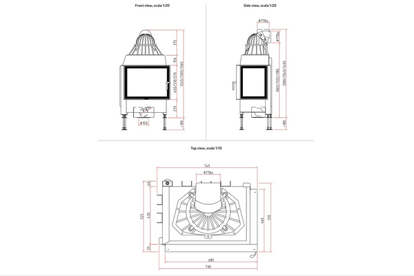 Technical drawings of a fireplace with dimensions on a white background