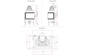 Technical drawing of a fireplace with dimensions on a white background