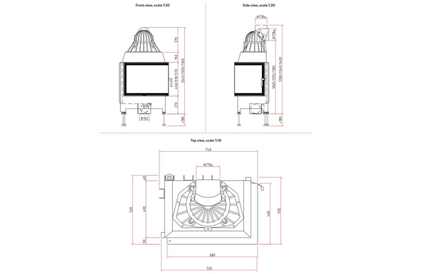 Technical drawing of a fireplace with dimensions on a white background
