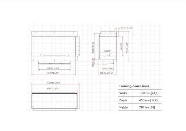 Technical drawing of Planika's fireplace with dimensions on a white background