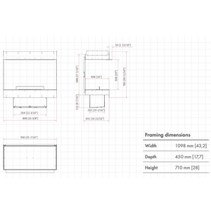 Technical drawing of fireplace with dimensions